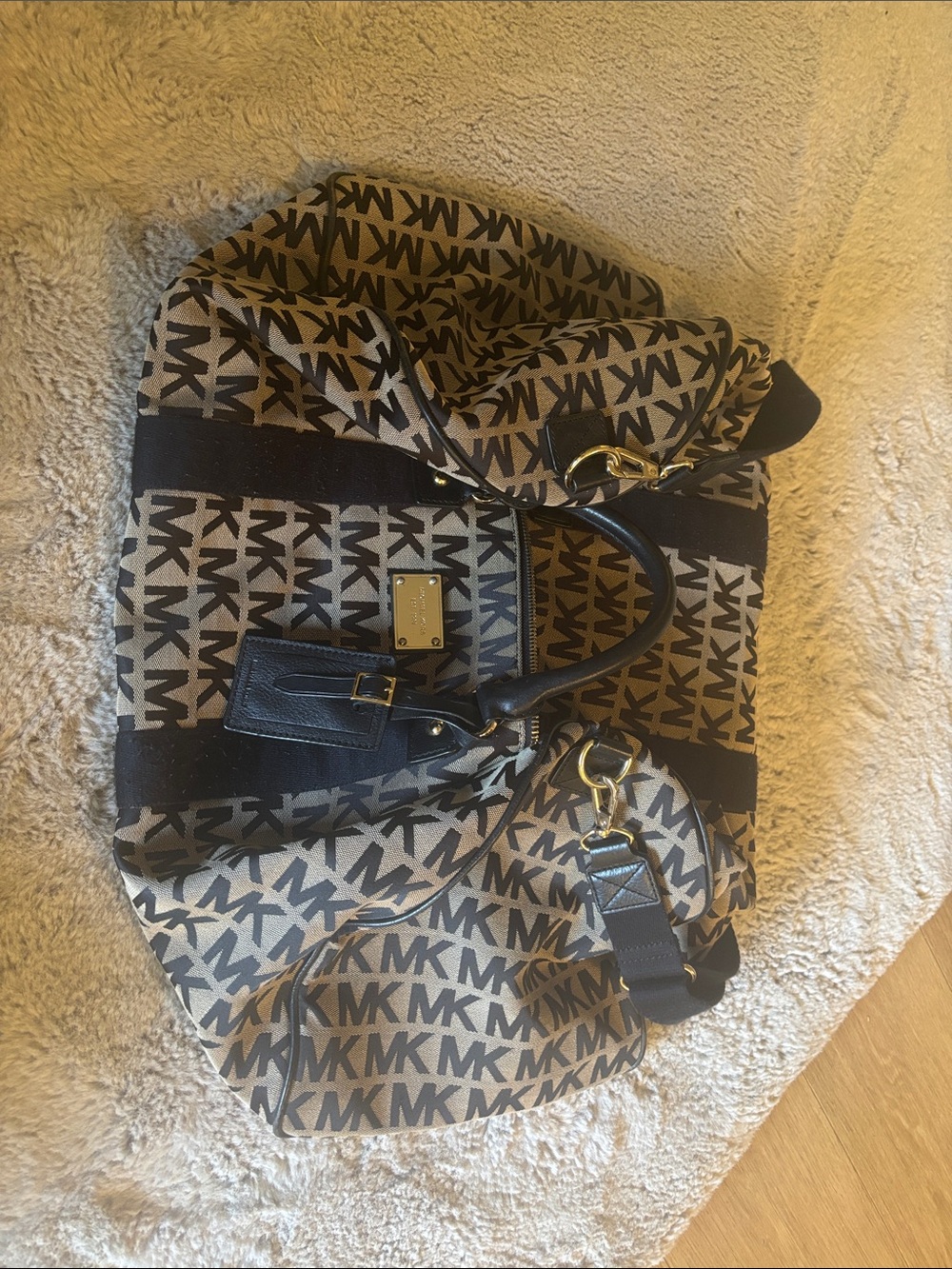 Michael Kors Black and Tan MK Logo Canvas Weekender Tote